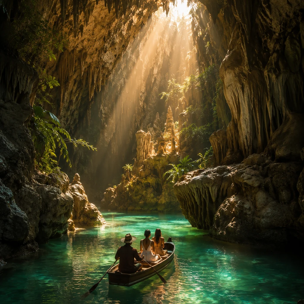 Turquoise water and limestone cave chamber in Malaysia