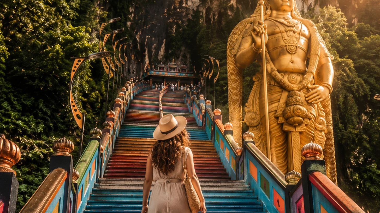Travellers climbing the Batu Caves limestone stairway in Malaysia