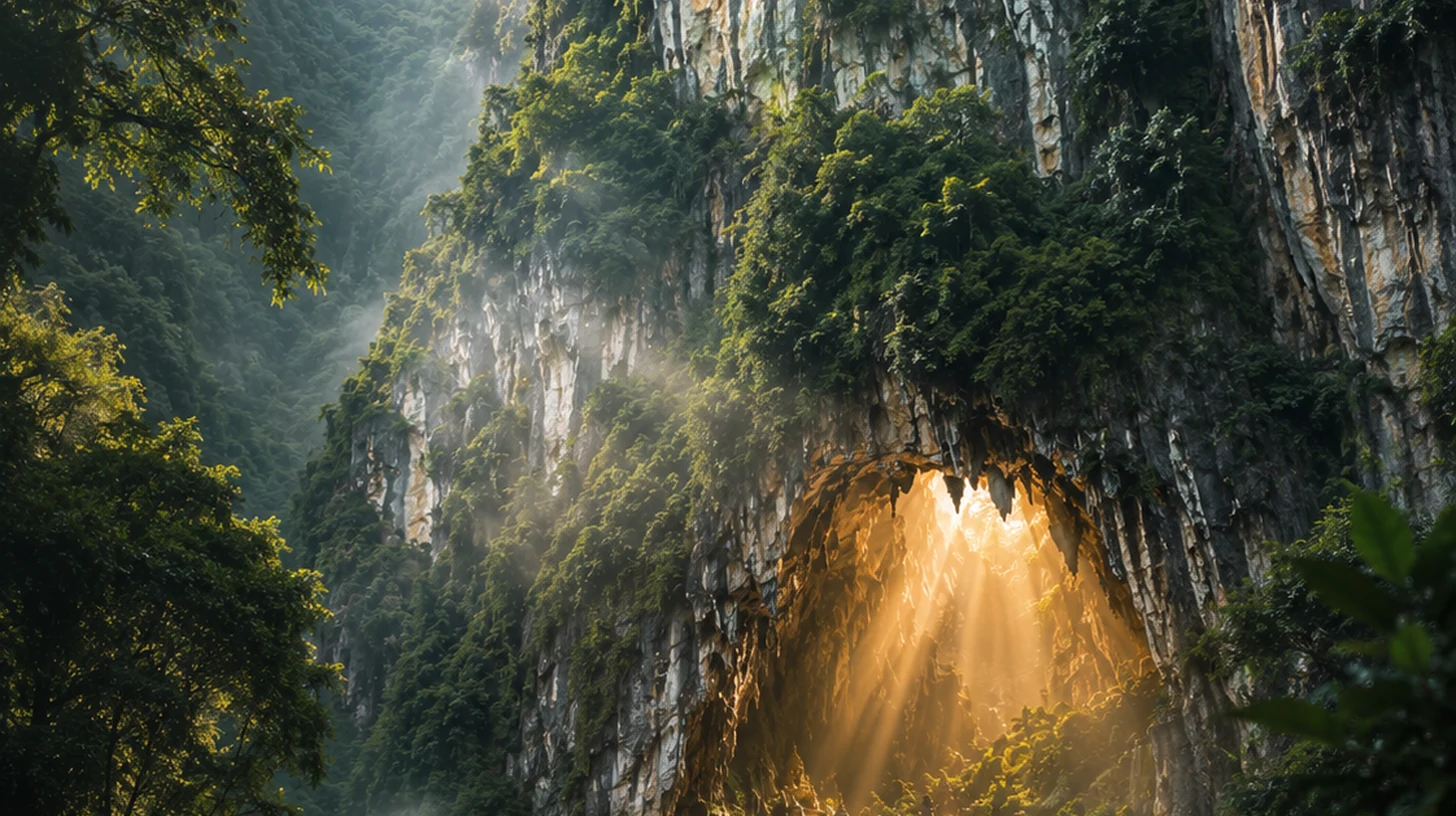 Rainforest entrance to Mulu limestone cave in Sarawak