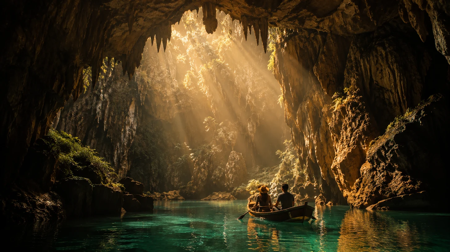 Underground river reflecting turquoise light inside a Malaysian cave
