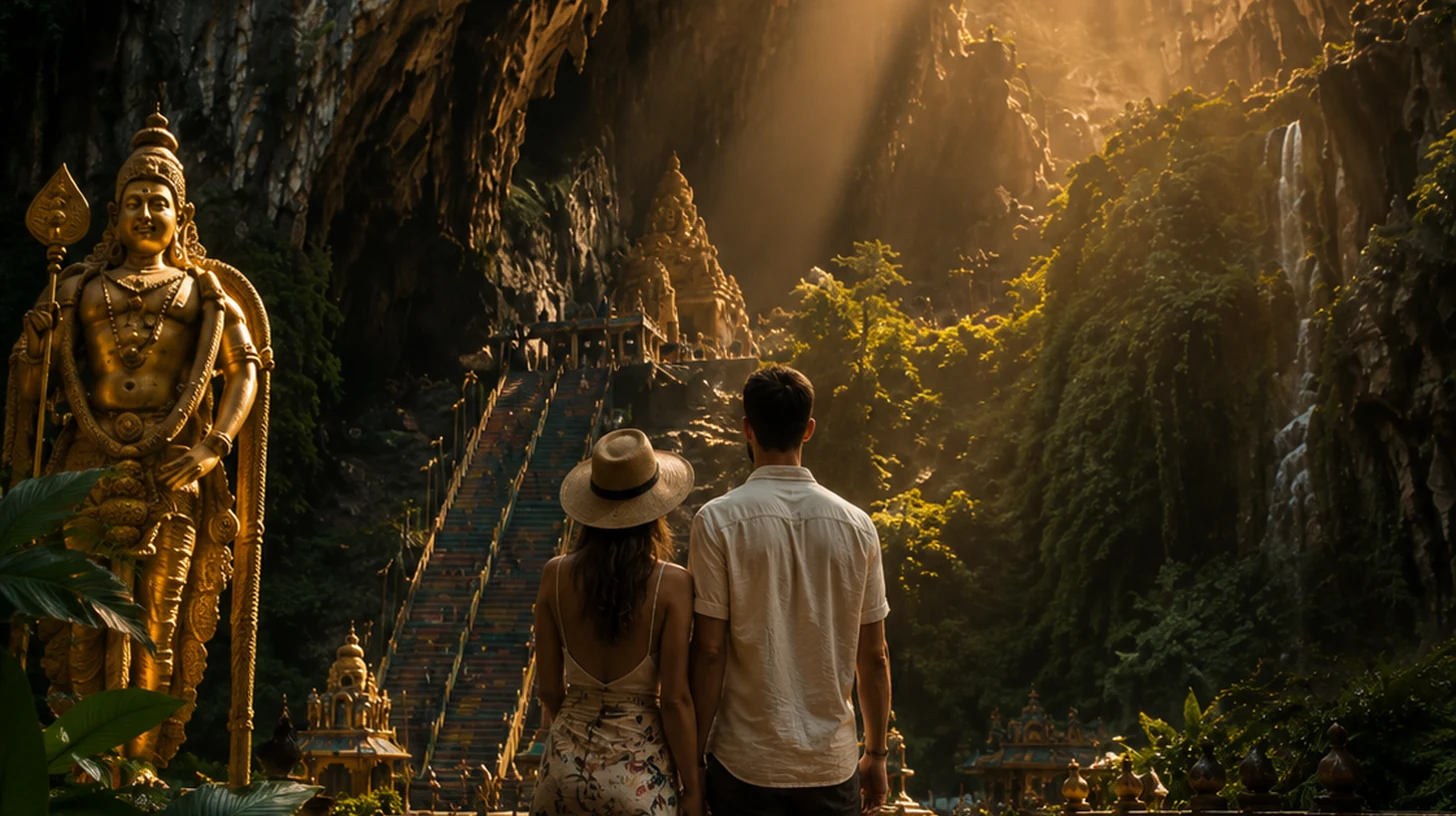 Family exploring an easy cave trail in Malaysia